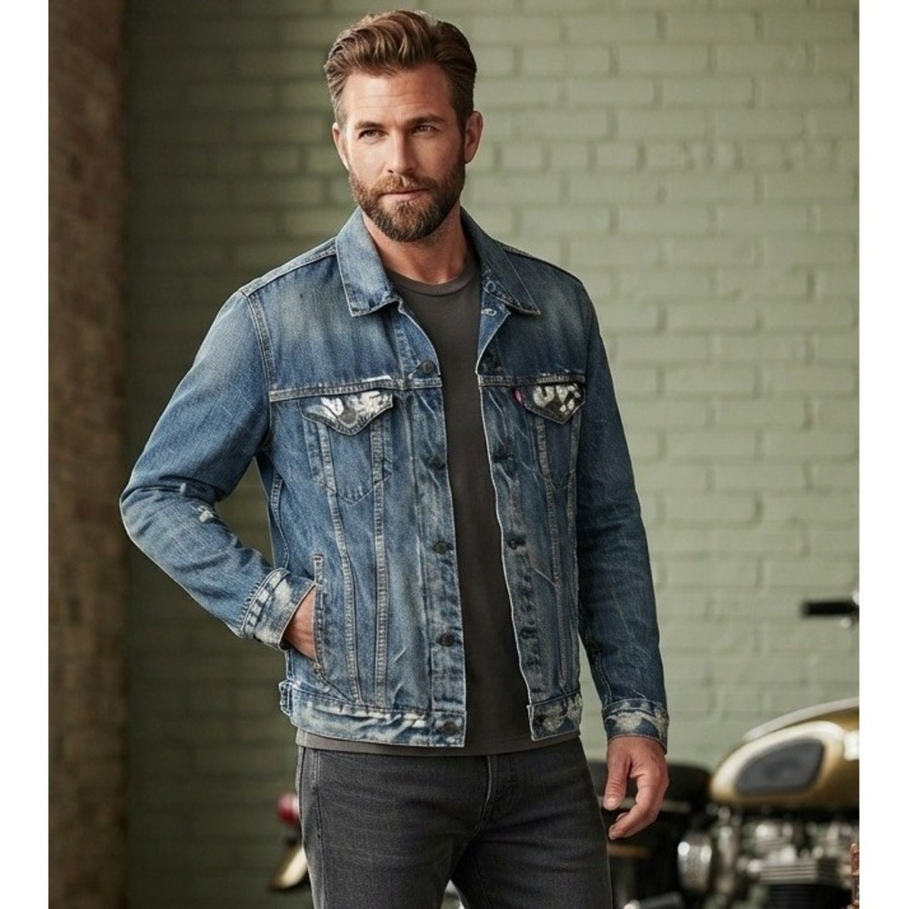 Levi's Denim Trucker Jacket 72334 Men's L Distressed Blue Cotton Red Tab Travel